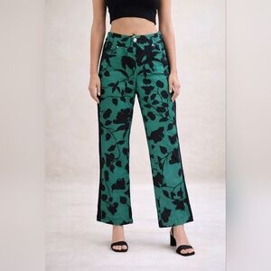 Elegant Green and Black Floral Wide Leg Pants